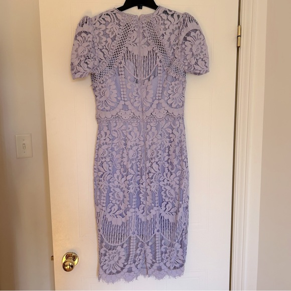 Lavender Laced Knee Length Puffed Sleeves Cocktail Dress - Picture 2 of 7